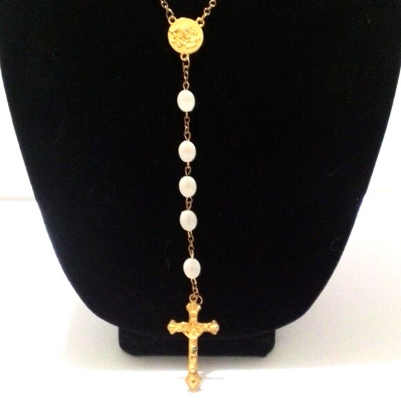 Vintage Catholic Rosary Faux Mother of Pearl Beads Gold Tone Crucifix - Picture 2 of 4